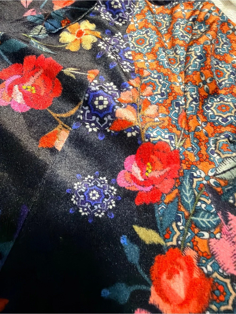 One world Boho patchwork velvet blouse balloon sleeve size L whimsigoth fairy